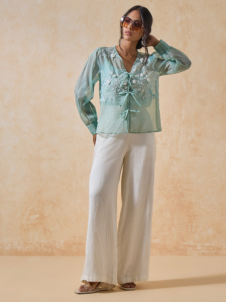 Floral Embroidered Blue Sheer Top