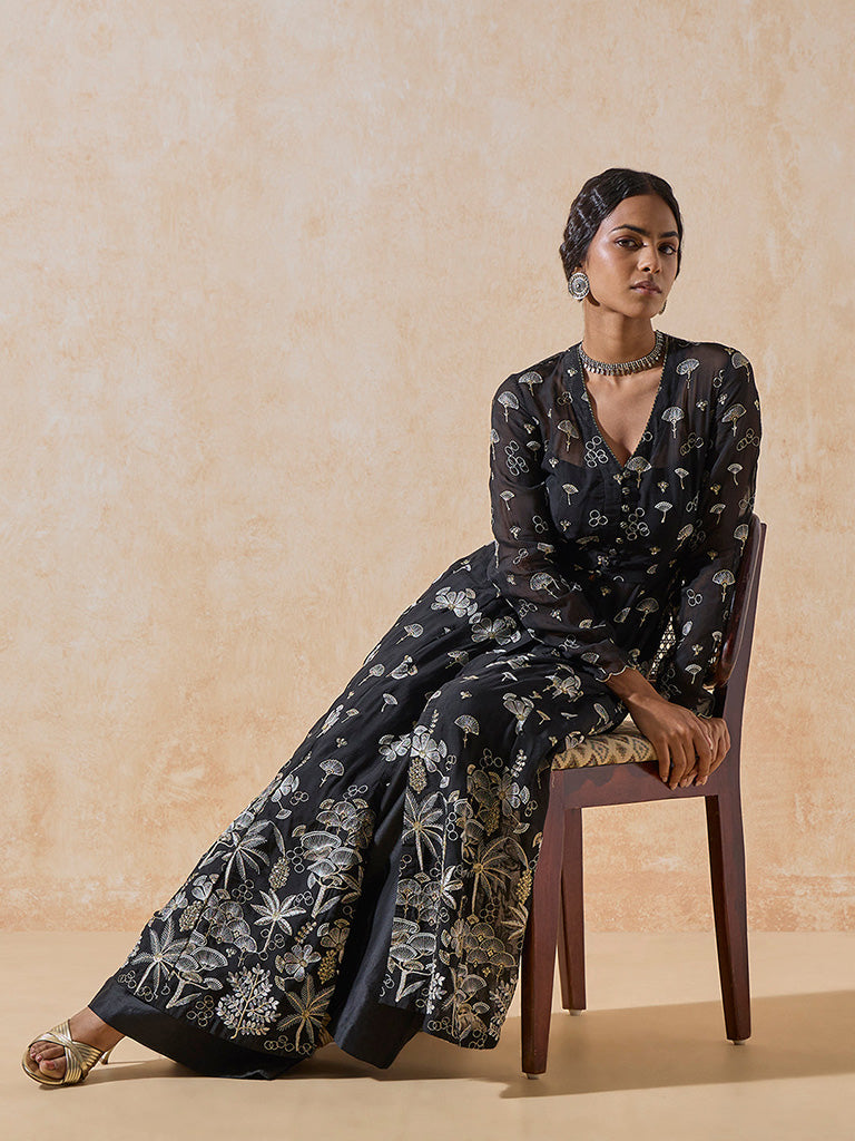 Embroidered Black A-Line Kurta