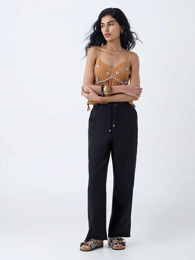 Bombay Paisley Black Solid Cotton-Blend Pants