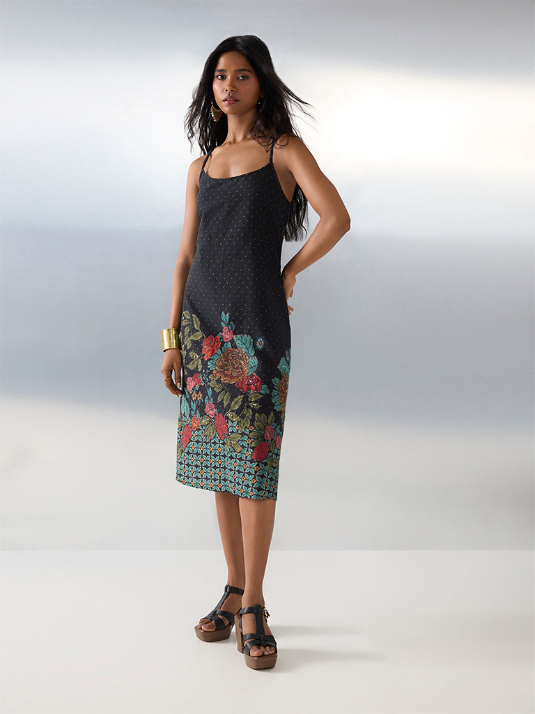 Bombay Paisley Black Floral Pattern Cotton A-Line Dress