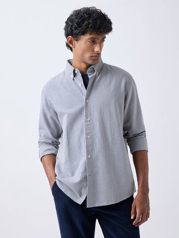 Ascot Blue Houndstooth Checks Relaxed-Fit Cotton Shirt