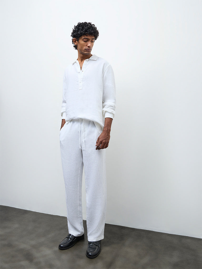 Ascot White Relaxed-Fit Mid-Rise Linen Trousers