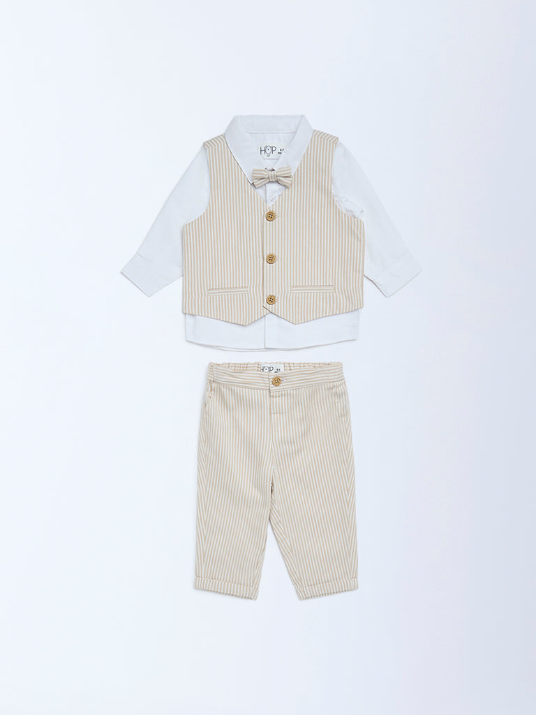 HOP Baby Beige Cotton Waistcoat, Shirt, Trousers and Bow Set