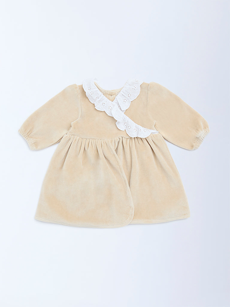 HOP Baby Beige Schiffli Detailed Cotton-Blend A-Line Dress