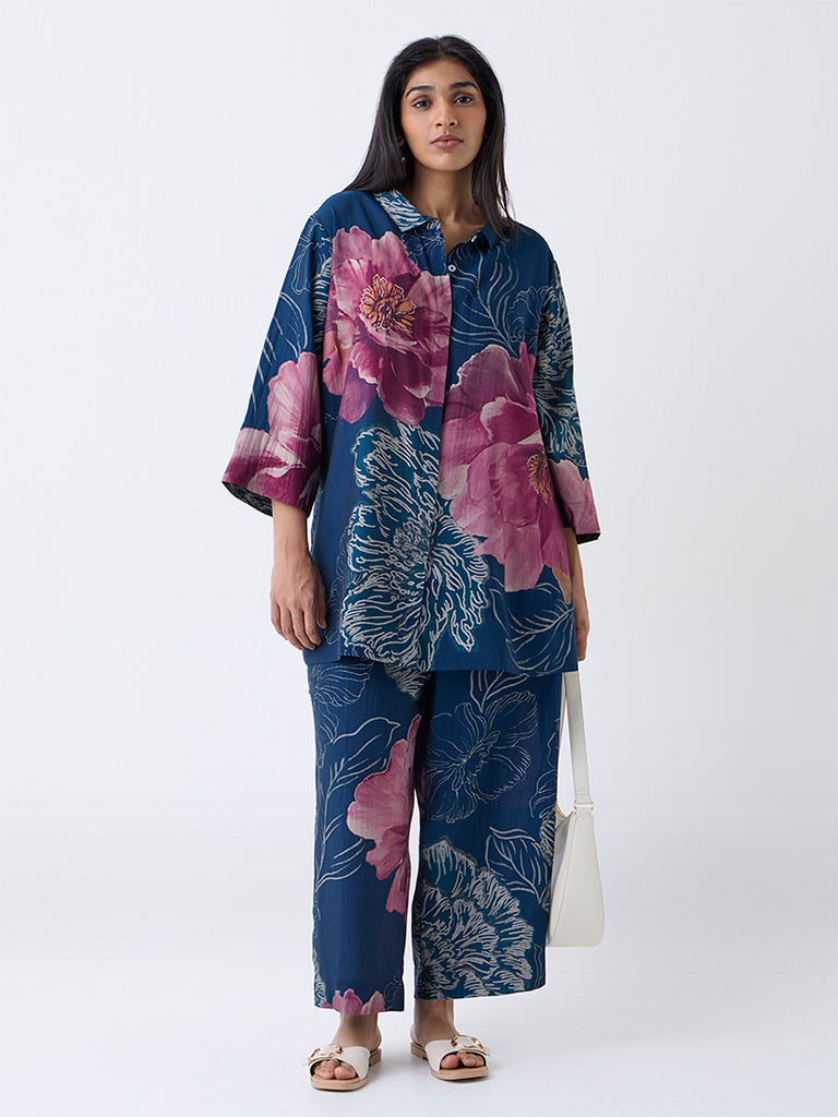 Diza Indigo Floral Printed High-Low Kurti