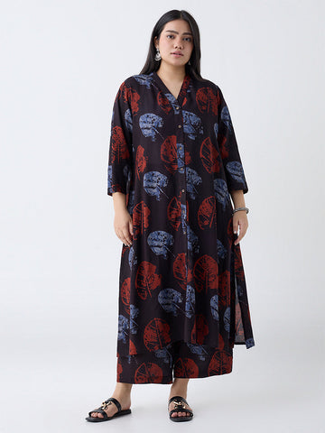Diza Black Leaf Design A-Line Kurta
