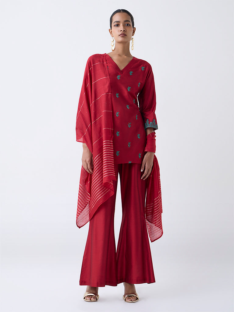 Vark Red Floral Embroidered A-Line Ethnic Set