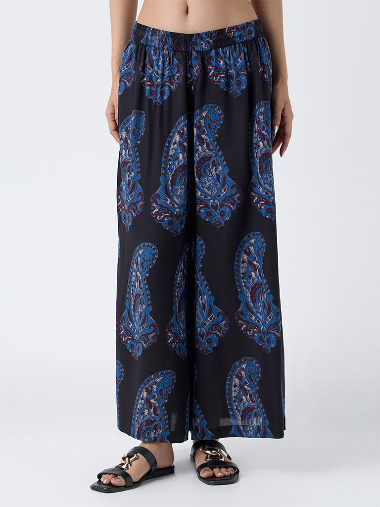 Utsa Black Paisley Printed Palazzos