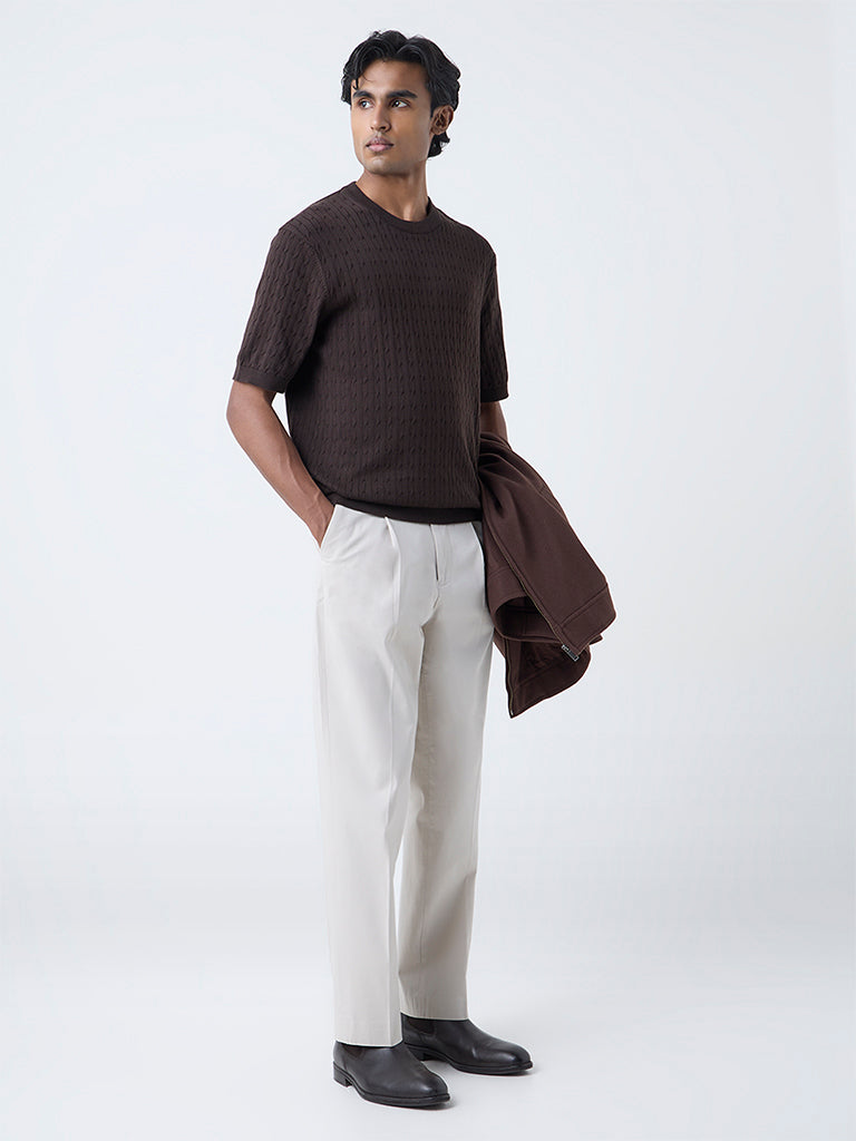 Ascot Dark Brown Cable-Knit Relaxed-Fit Cotton T-Shirt