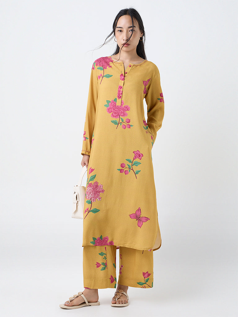 Utsa Mustard Floral Pattern A-Line Kurta