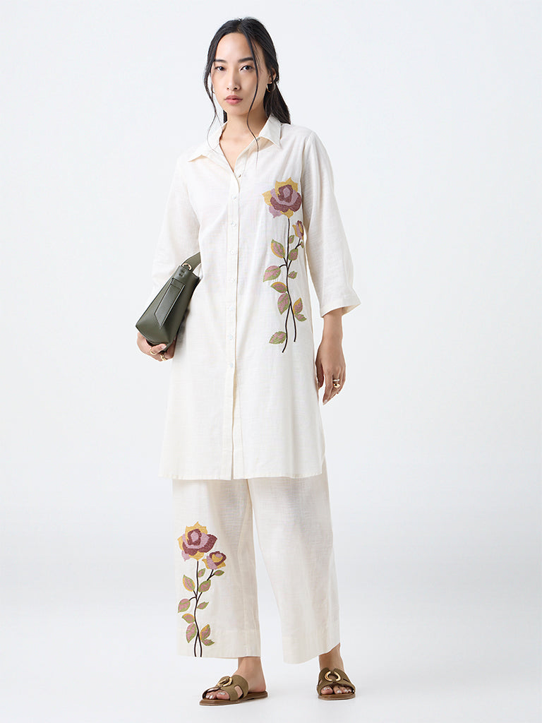 Utsa Off-White Floral Embroidered Cotton A-Line Kurta