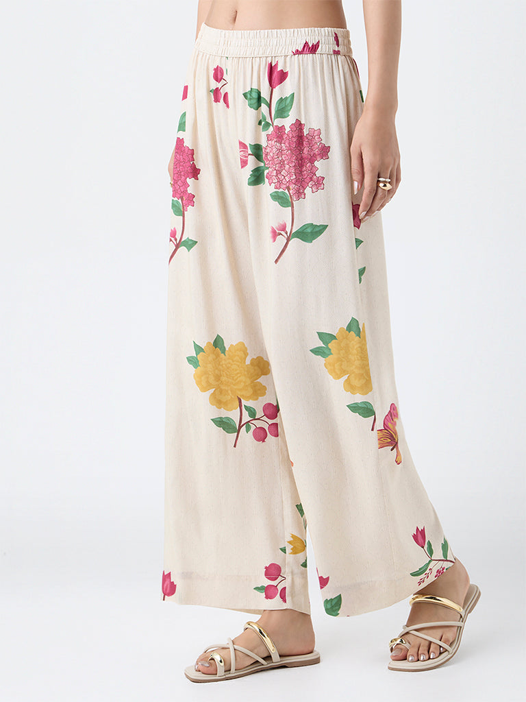 Utsa Cream Botanical Design Pants