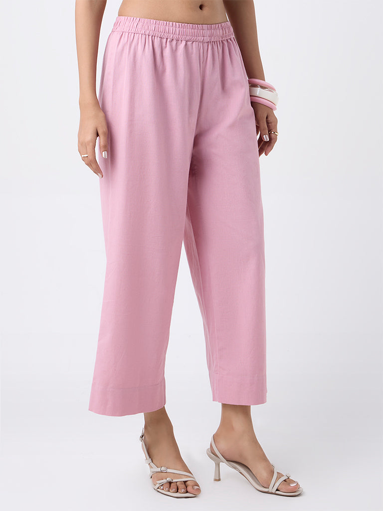 Utsa Dusty Pink Solid Cotton-Blend Pants