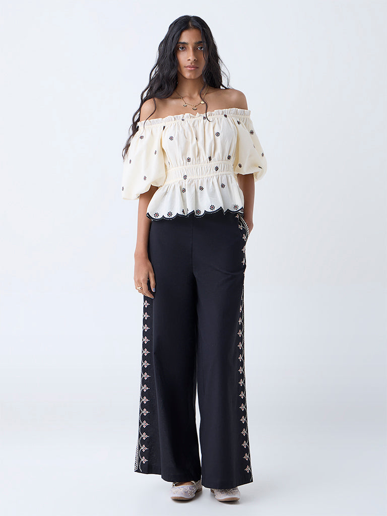 Bombay Paisley Cream Embroidered Off-Shoulder Cotton Top