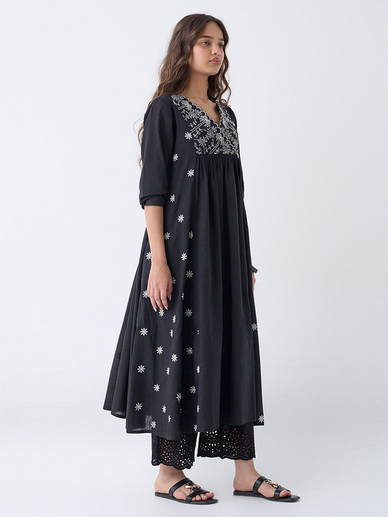 Utsa Black Embroidered Anarkali Cotton Kurta