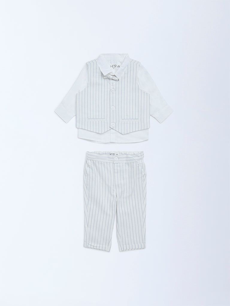 HOP Baby Blue Striped Cotton Shirt, Waistcoat, Trousers & Bow Set