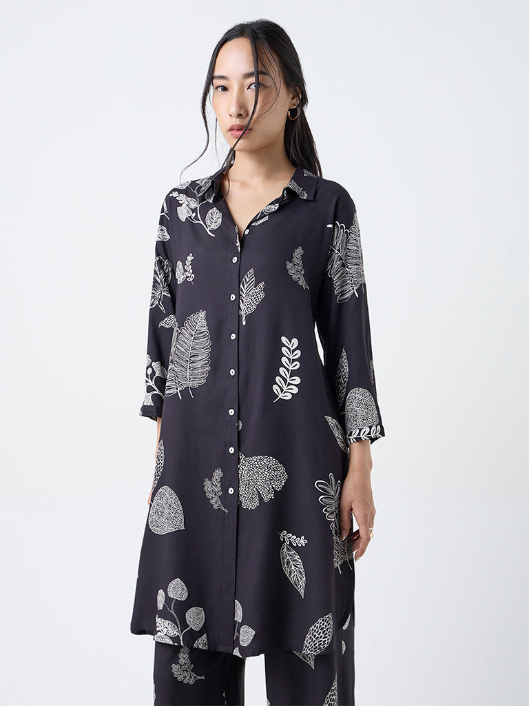 Utsa Black Foliage Design A-Line Kurta