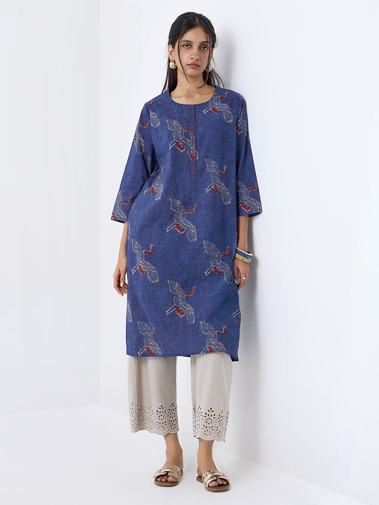 Utsa Indigo Bird Printed Cotton Straight Kurta