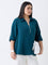 Gia Dark Teal Crinkle-Textured Quarter-Zip Blouse