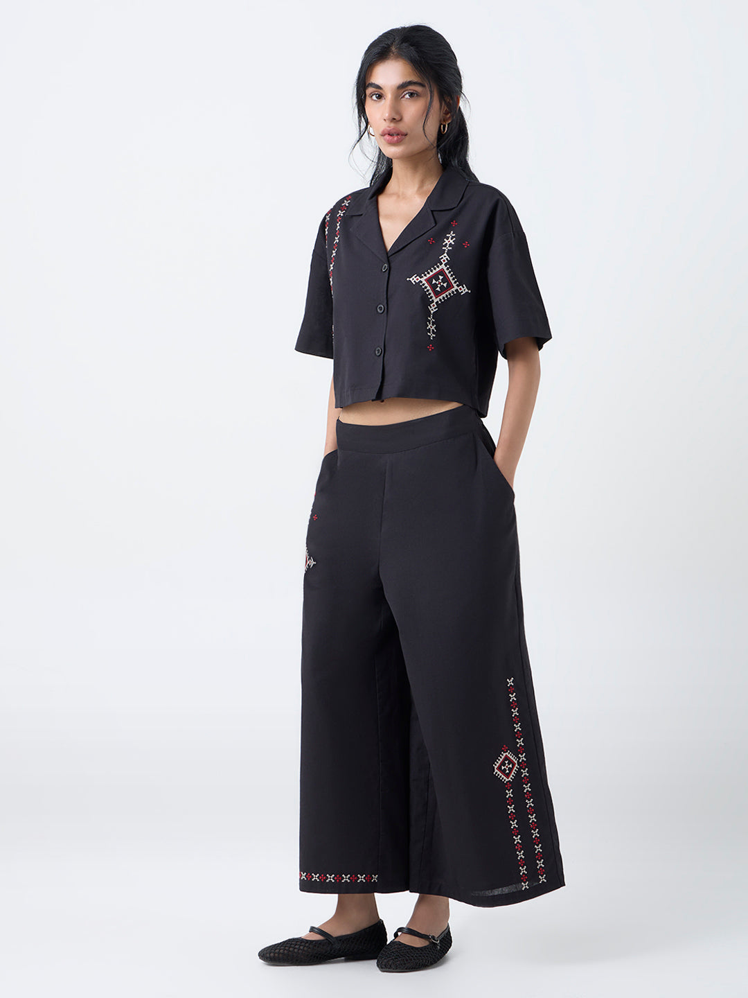 Bombay Paisley Black Embroidered Cotton-Blend Pants