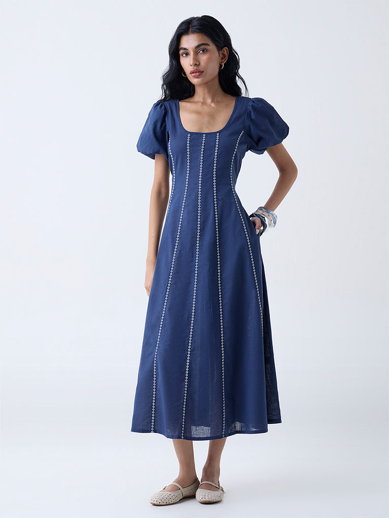 Bombay Paisley Blue Striped Cotton-Blend A-Line Dress