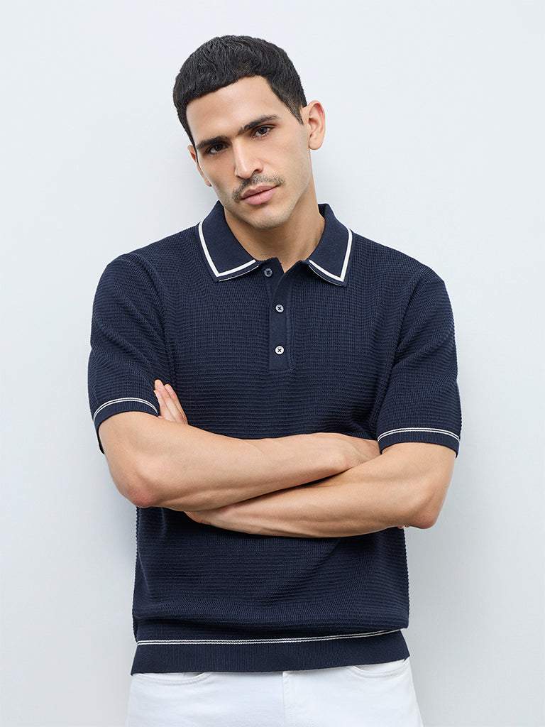 Ascot Navy Knit-Textured Relaxed-Fit Cotton-Blend Polo T-Shirt
