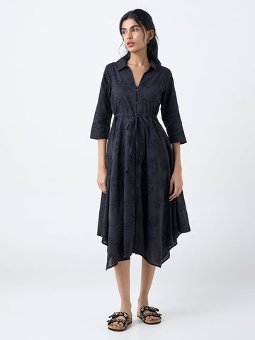 Bombay Paisley Black Schiffli Cotton Asymmetric Dress