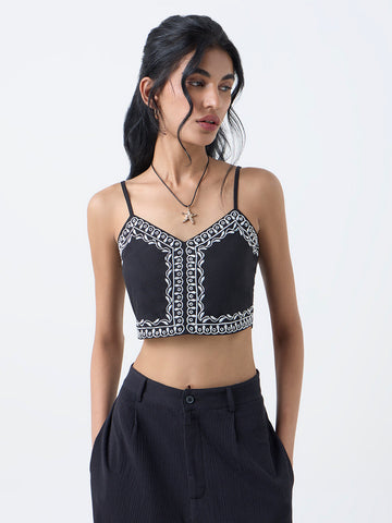 Bombay Paisley Black Embroidered Cotton Crop Top