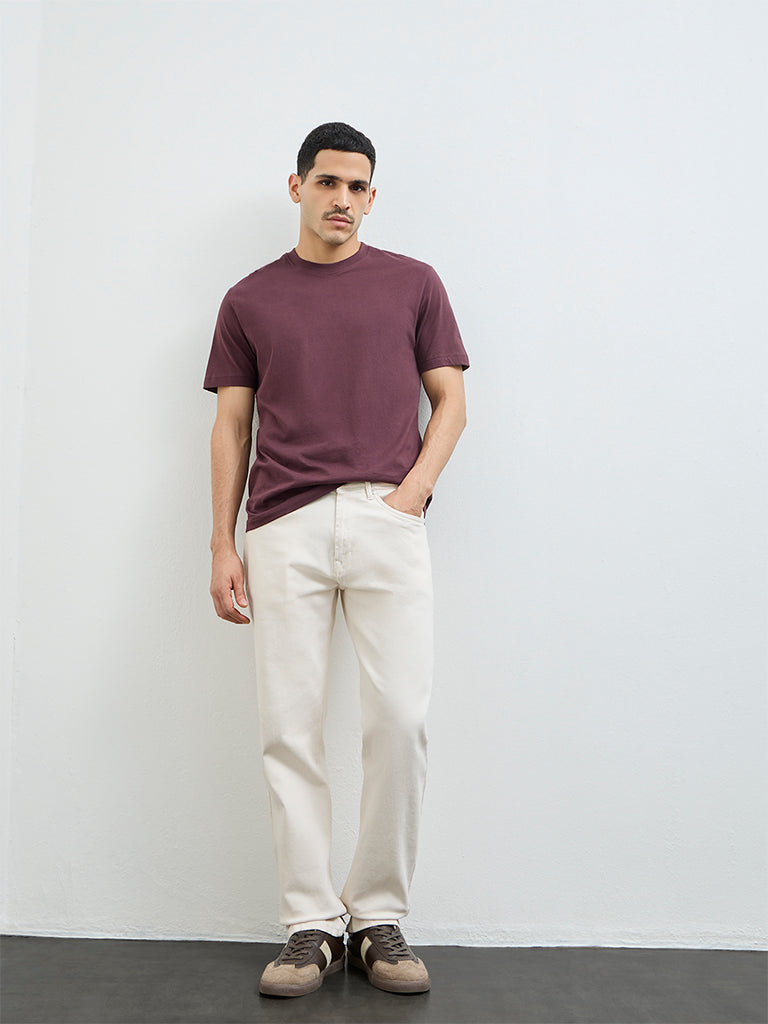 WES Casuals Wine Solid Slim-Fit Cotton T-Shirt