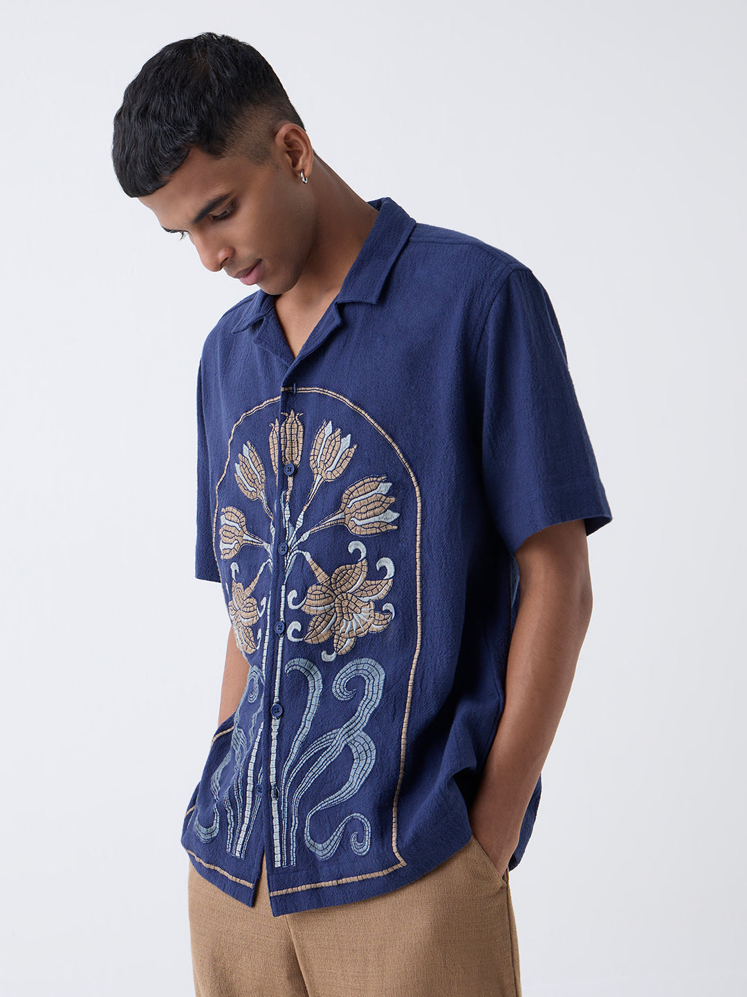 ETA Navy Floral Embroidered Relaxed-Fit Cotton Shirt