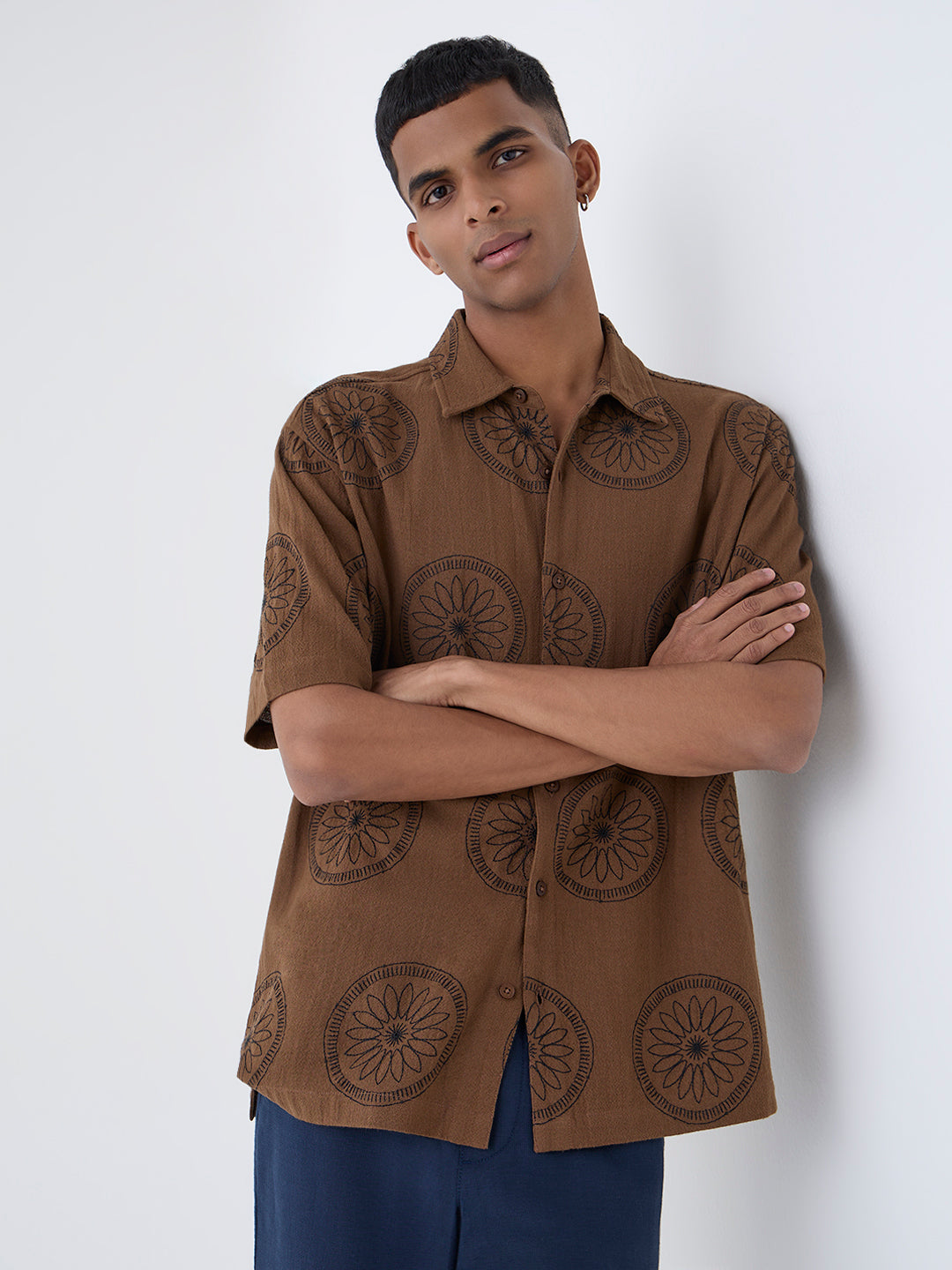 ETA Brown Floral Relaxed-Fit Cotton Shirt