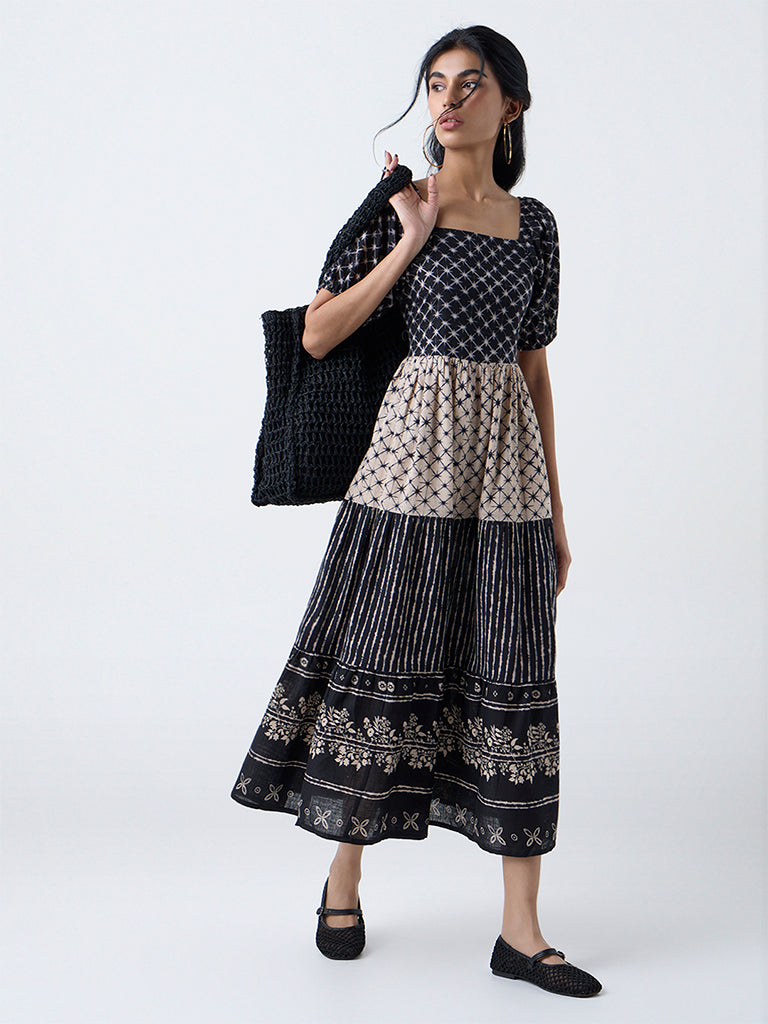 Bombay Paisley Black Printed Cotton Tiered Dress