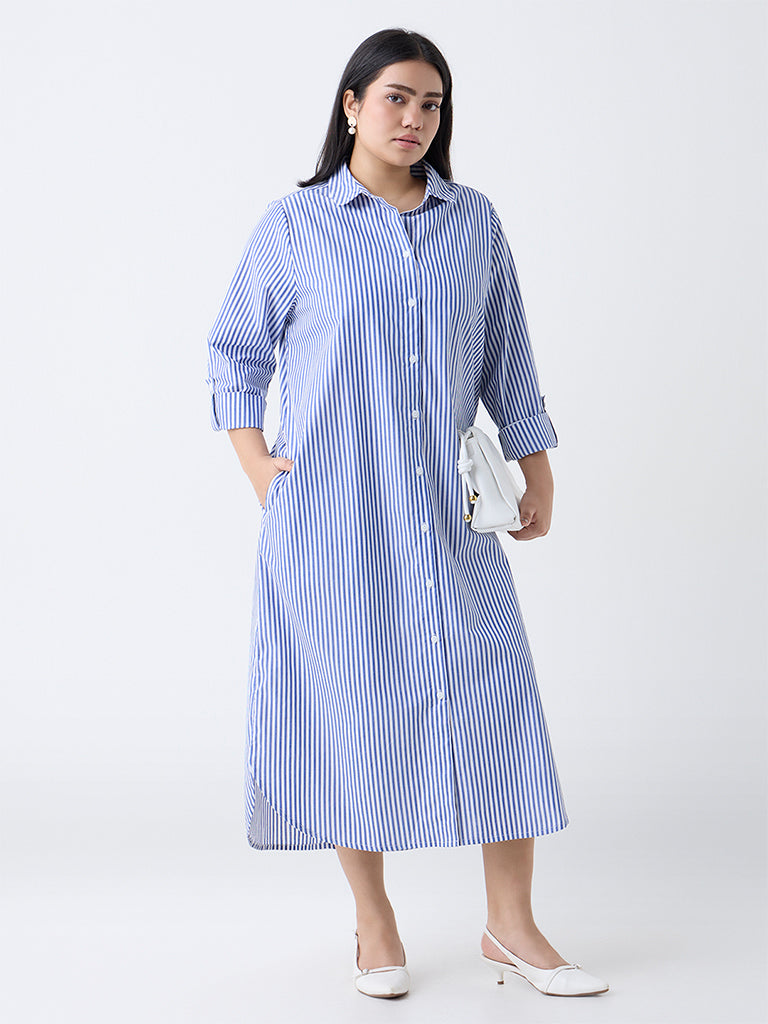 Gia Blue Striped Cotton Shirt Dress