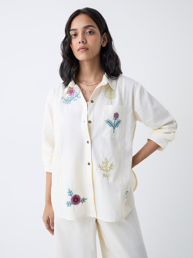 Utsa Cream Floral Embroidered Cotton Tunic