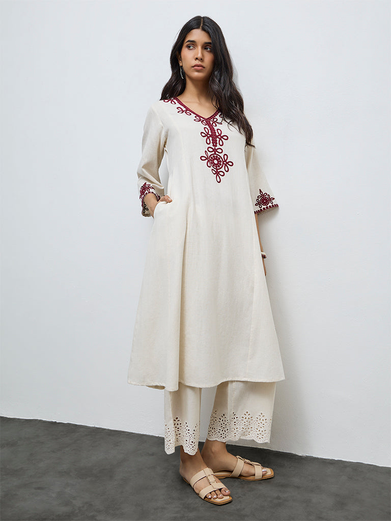 Utsa Light Beige Embroidered Cotton-Blend A-Line Kurta
