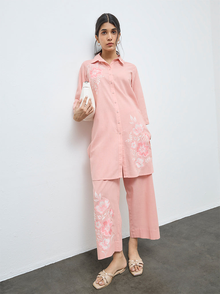 Utsa Coral Floral Embroidered Cotton Tunic