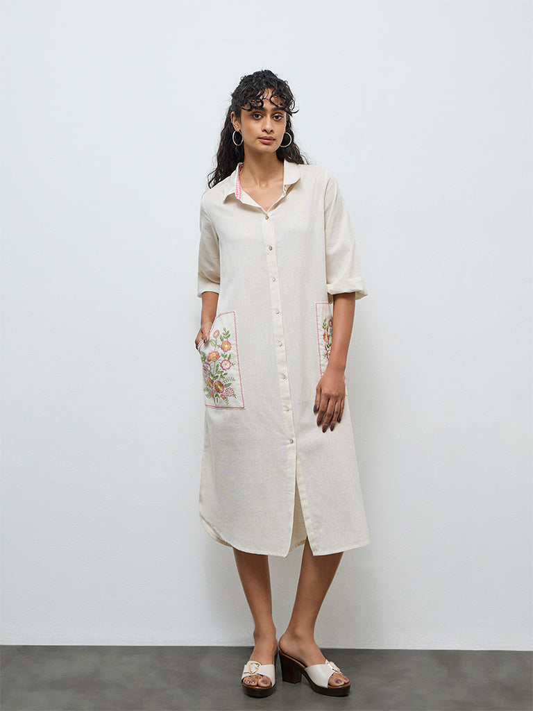 Utsa Off-White Floral Embroidered Cotton-Blend Shirt Dress