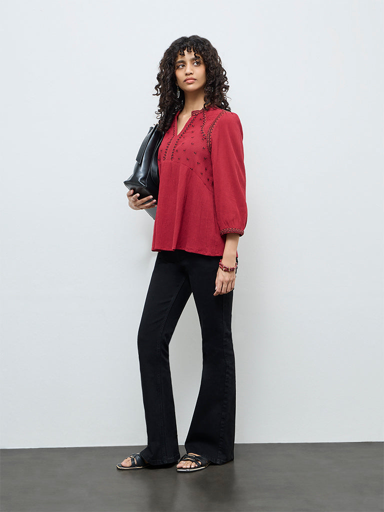 Utsa Red Crinkle Textured Embroidered Cotton Tunic
