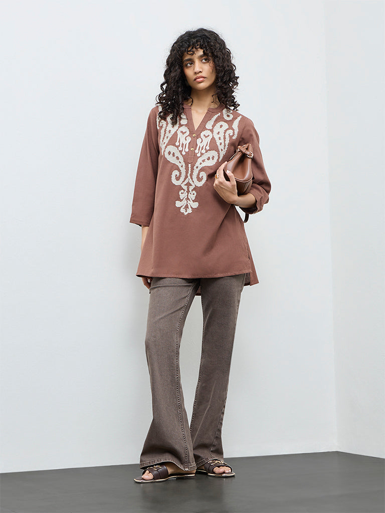Utsa Brown Embroidered Cotton-Blend Tunic