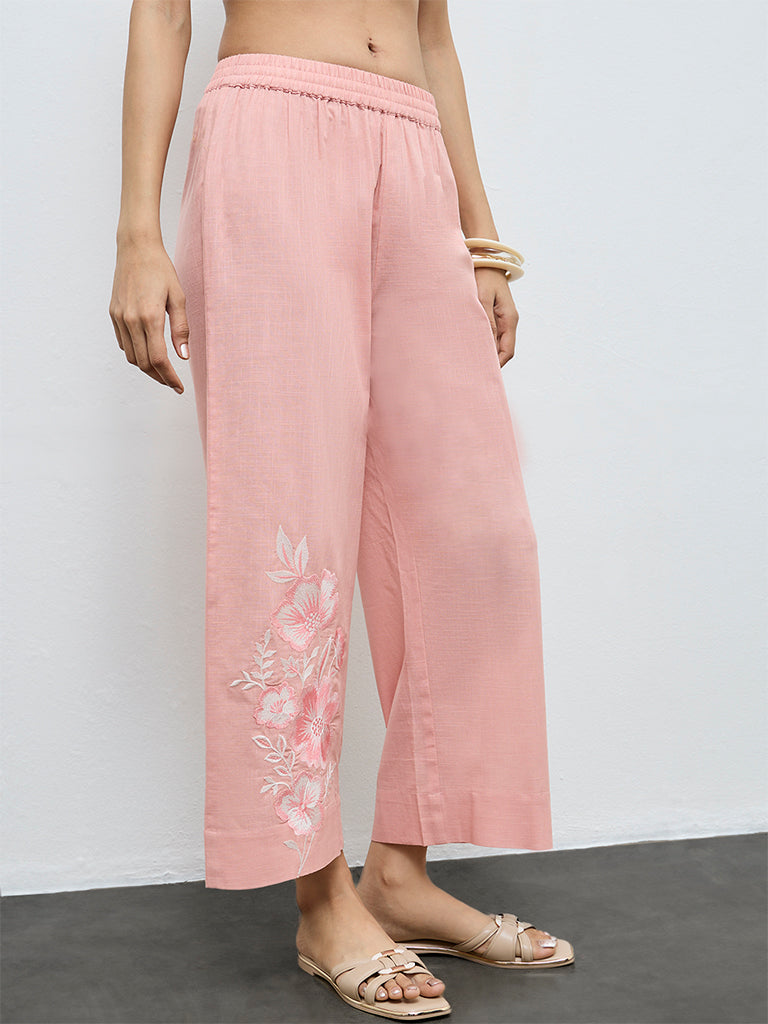 Utsa Coral Floral Embroidered Cotton Pants