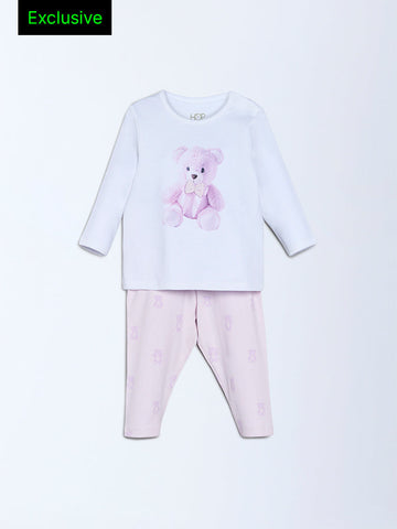 HOP Baby Lilac Teddy Printed Cotton T-Shirt and Pants Set - Exclusive