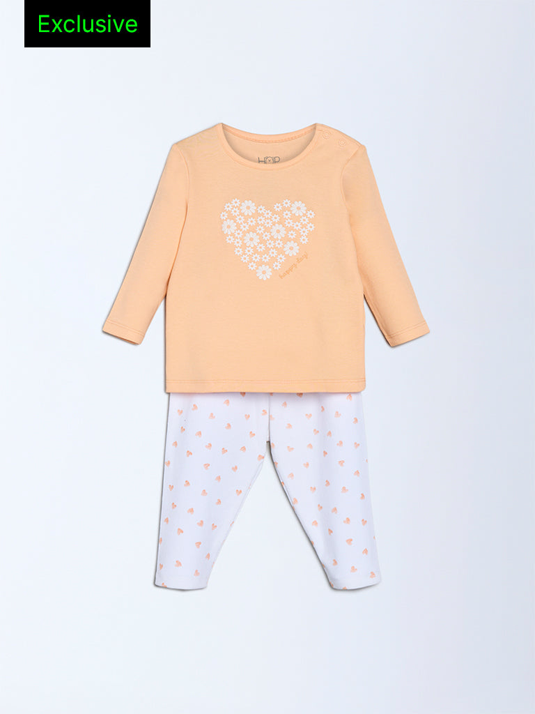 HOP Baby Peach Heart Printed Cotton T-Shirt and Pants Set - Exclusive