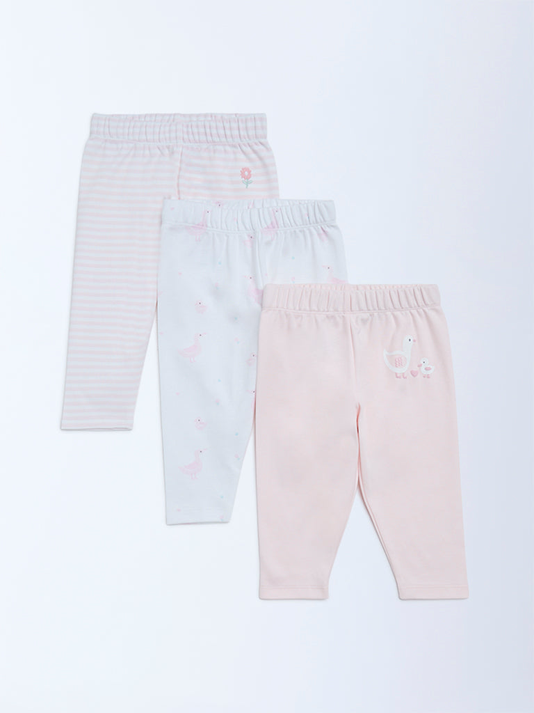 HOP Baby Girls Pink Printed Mid-Rise Cotton Pants - Pack of 3