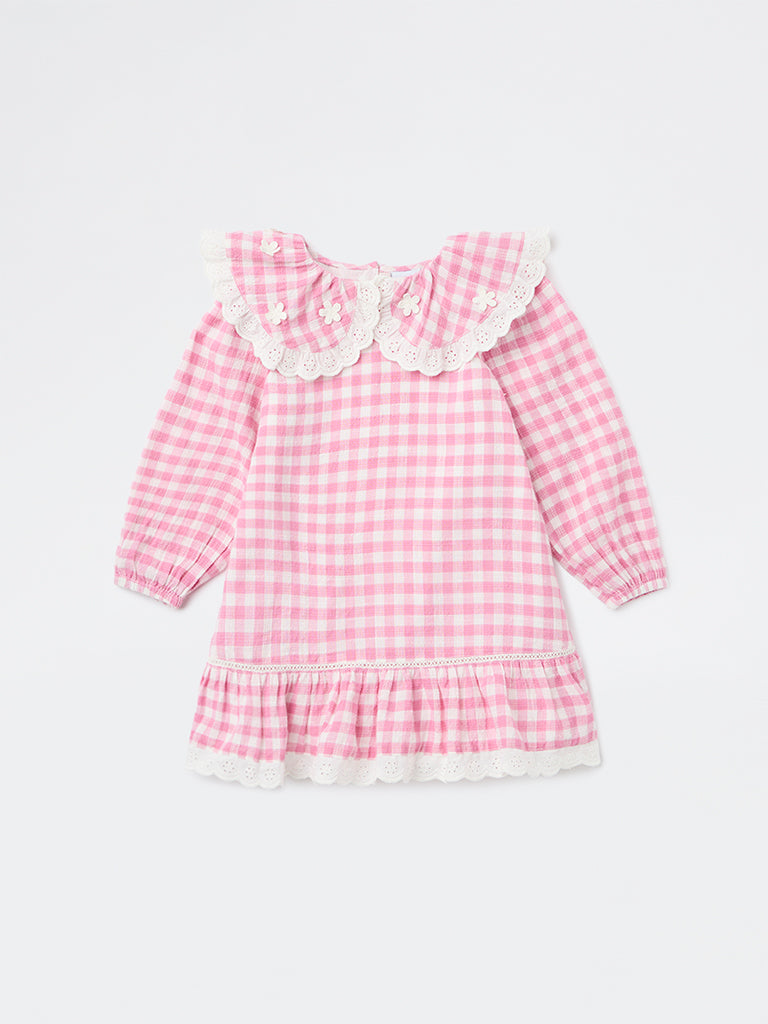 HOP Kids Girls Light Pink Check A-Line Cotton Dress