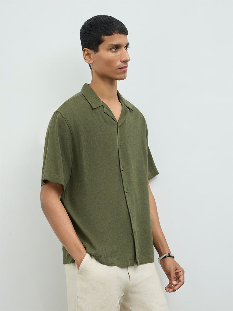 ETA Olive Textured Relaxed-Fit Cotton Shirt