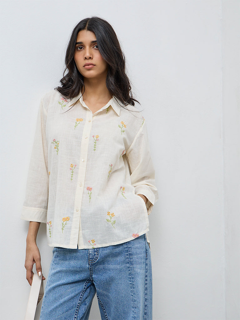 Utsa Cream Floral Embroidered Cotton Tunic