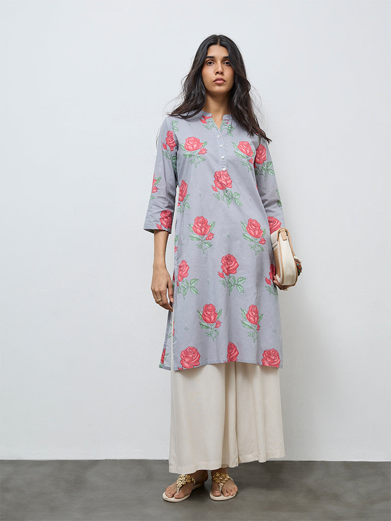 Utsa Grey Floral Straight Cotton Kurta