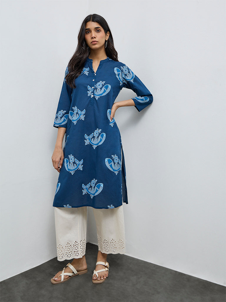 Utsa Indigo Buta Printed Cotton Straight Kurta