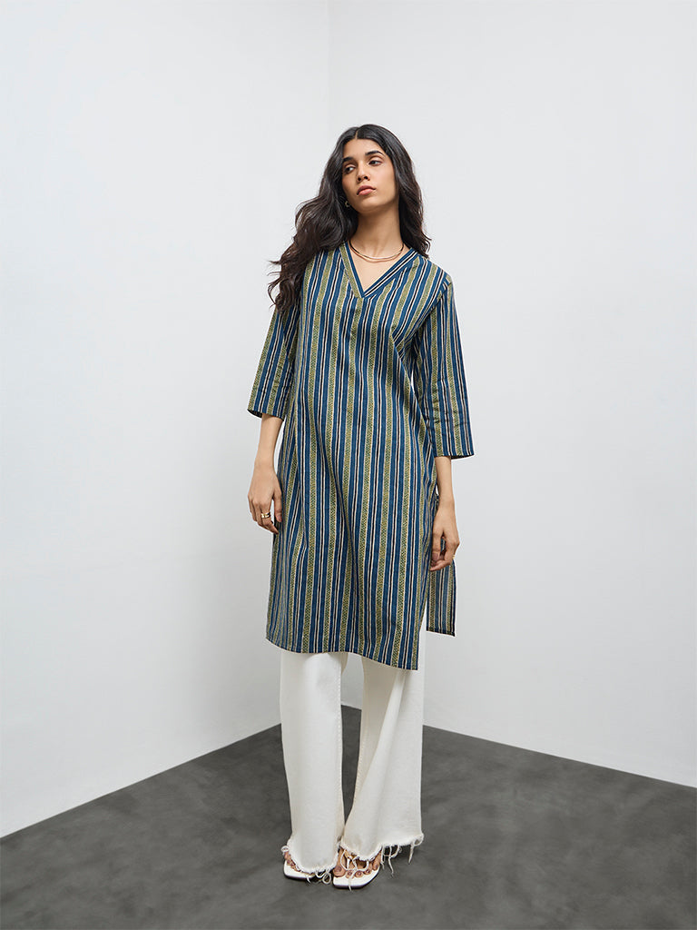 Utsa Indigo Striped Cotton Straight Kurta