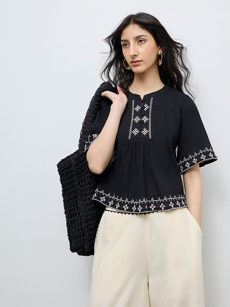 Bombay Paisley Black Embroidered Cotton Top
